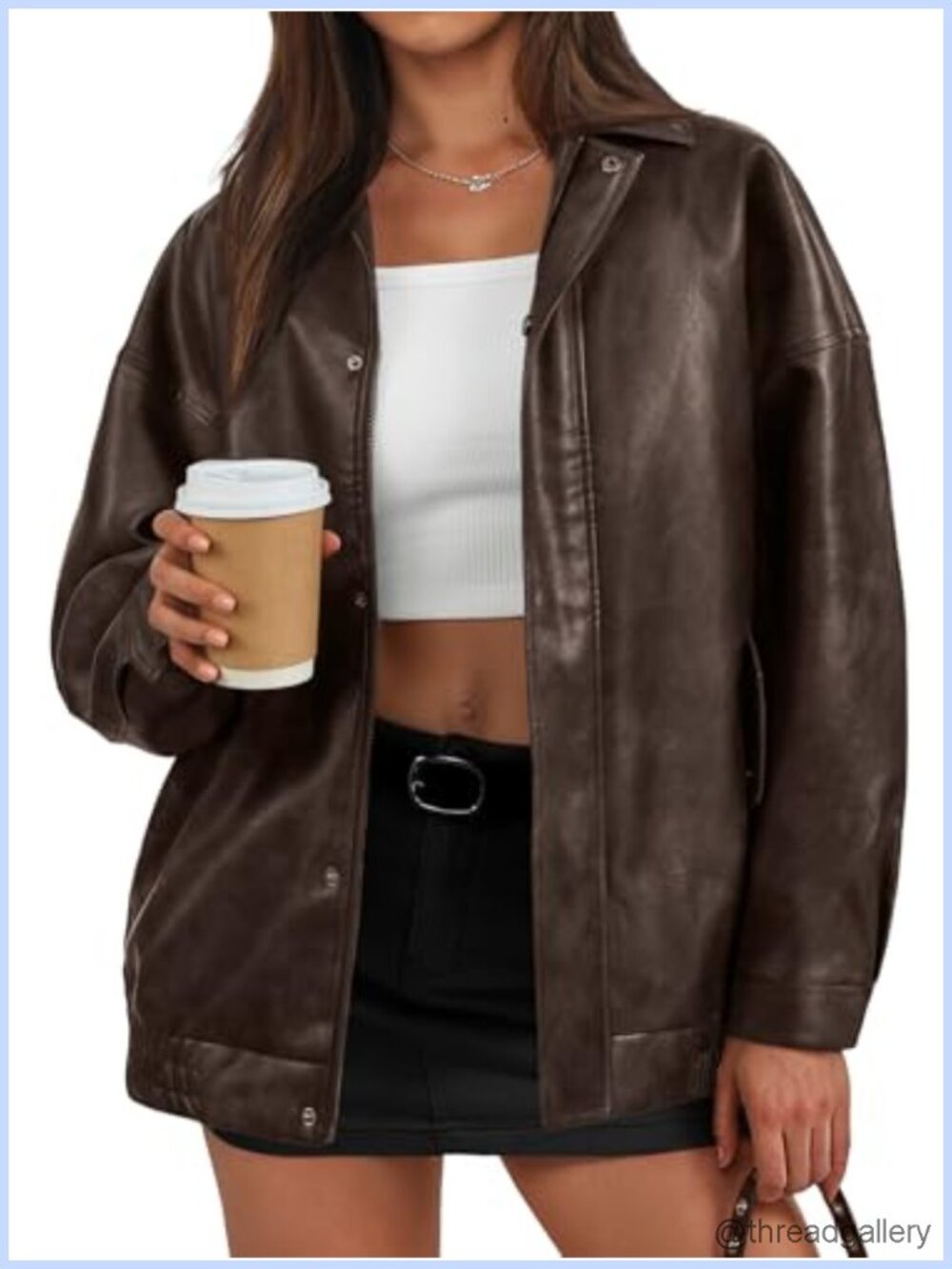 Women's Oversized Faux Leather Textured Bomber Jacket Zip Coat